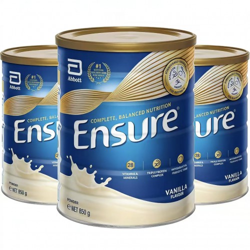 Ensure 雅培安素 全营养素 蛋白粉 高蛋白成人营养奶粉 850g*3罐 蛋白粉 香草味（铁皮盖子的材质，爆罐快递不予理赔，介意的亲慎拍）